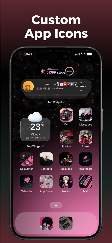 Benutzerdefinierter ästhetischer iPhone-Startbildschirm mit thematischen Symbolen und Widgets