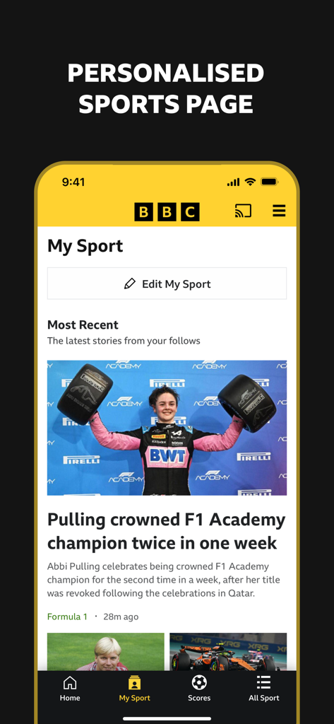 The BBC Sport app interface displaying a personalized news feed on the My Sport page featuring Formula 1 news.