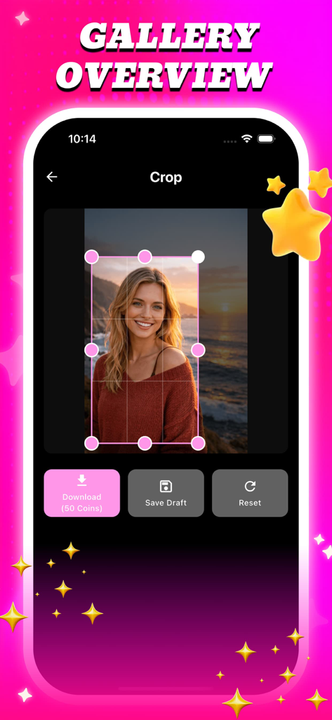 Bevo - - Interfaz de la aplicación de edición de fotos Bevo mostrando la herramienta de recorte con un retrato de mujer