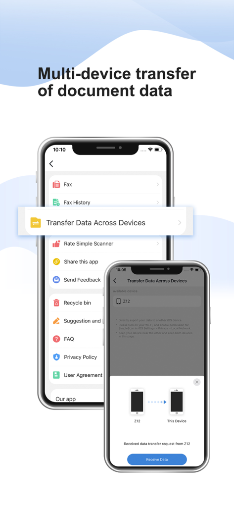 Interface montrant le transfert de données de documents entre deux iPhones dans l'application Simple Scanner