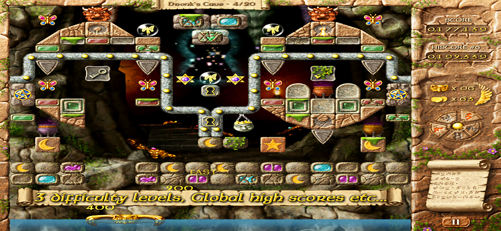 Fairy Treasure - Brick Breaker - Gameplay of Fairy Treasure Brick Breaker showing a fantasy themed cave level with magical bricks and game scores.