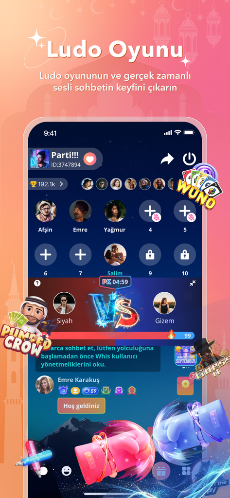 Interfaz de la aplicación Witok con una sala de fiesta de chat de voz en vivo con avatares de usuario y elementos de juego social