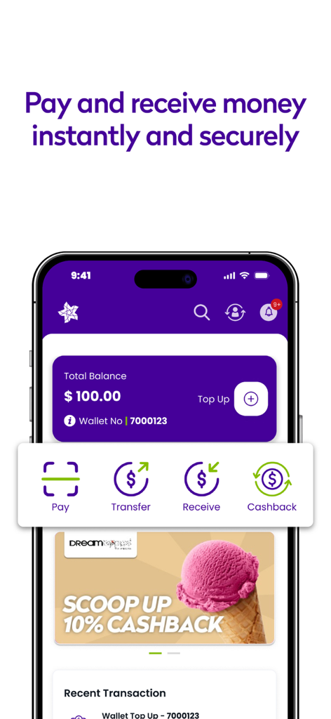 MyDST - MyDST app wallet screen showing balance and payment options for transfers and cashback