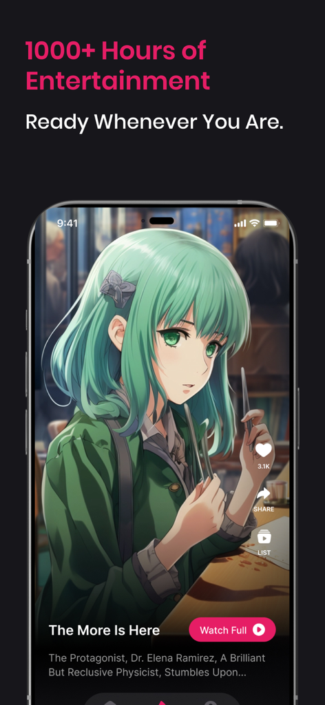 Mobile interface of Zumi anime app featuring 1000 hours of entertainment and an anime character