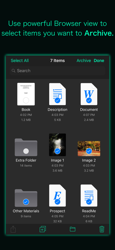 Archive Utility - Interfaz del navegador de la app Archive Utility mostrando múltiples documentos e imágenes seleccionados listos para ser archivados