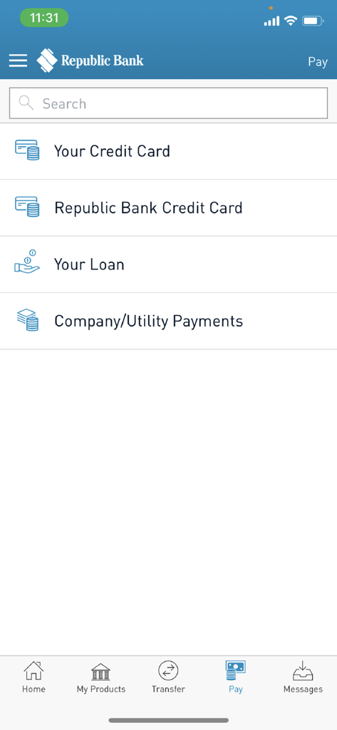 RepublicMobile TT app screen showing options for credit card payments, loan payments, and utility bill payments.