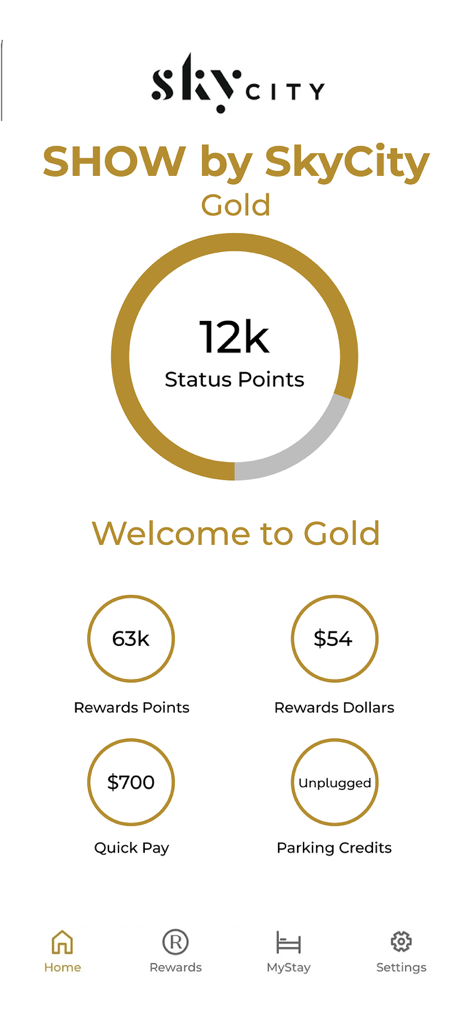 SkyCity - SkyCityアプリのダッシュボード。ゴールドティアの会員ステータスポイントと特典の概要が表示されています。