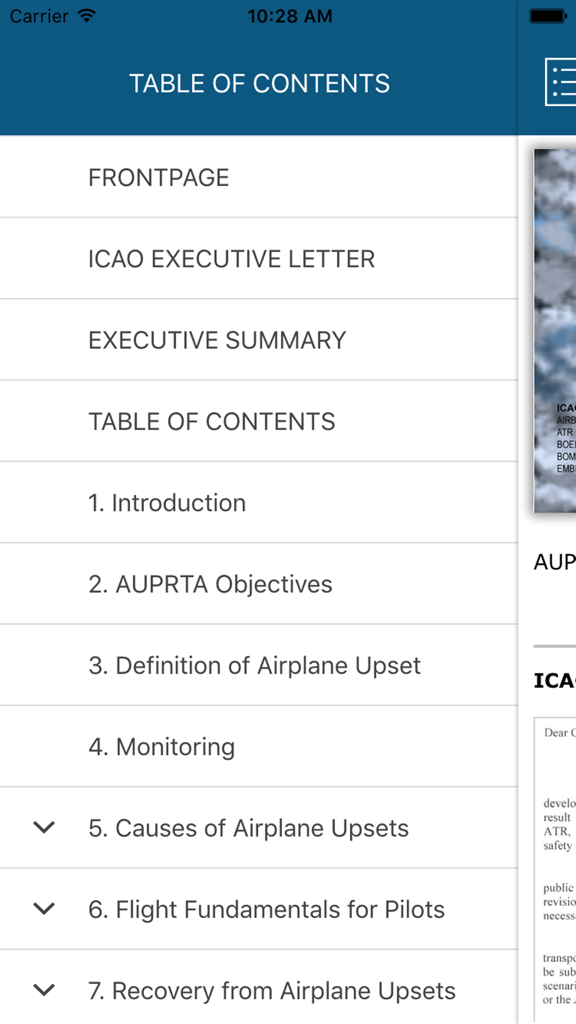 Table of contents for the AUPRTA airplane upset prevention and recovery training app.