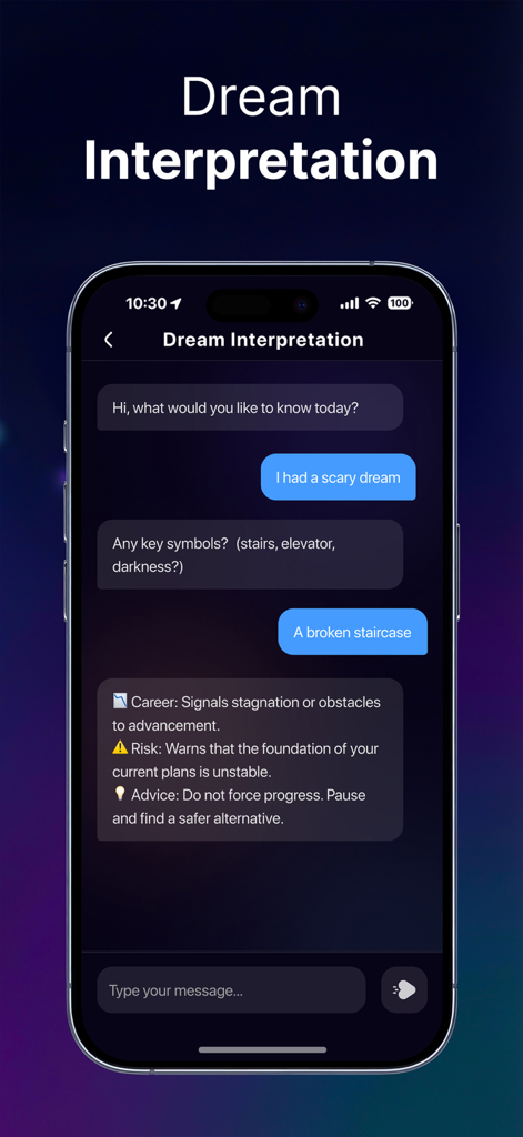 Interface de chat d'interprétation des rêves par IA dans l'application Snoozy analysant des symboles comme un escalier brisé.