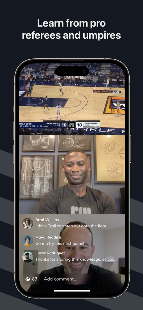 RefMasters Community - A live video session in the RefMasters app where a professional official analyzes basketball game footage with the community