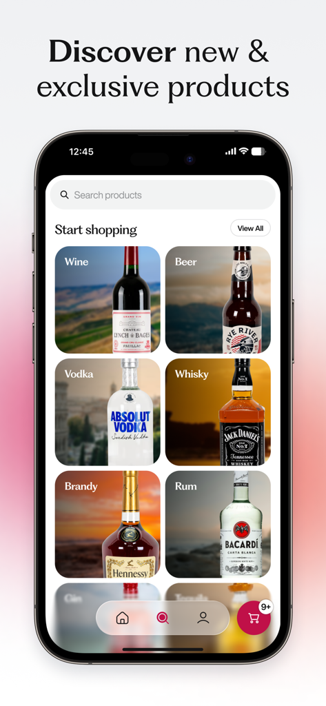 Exibição do aplicativo CityDrinks de categorias de bebidas alcoólicas, incluindo vinho, cerveja e destilados premium