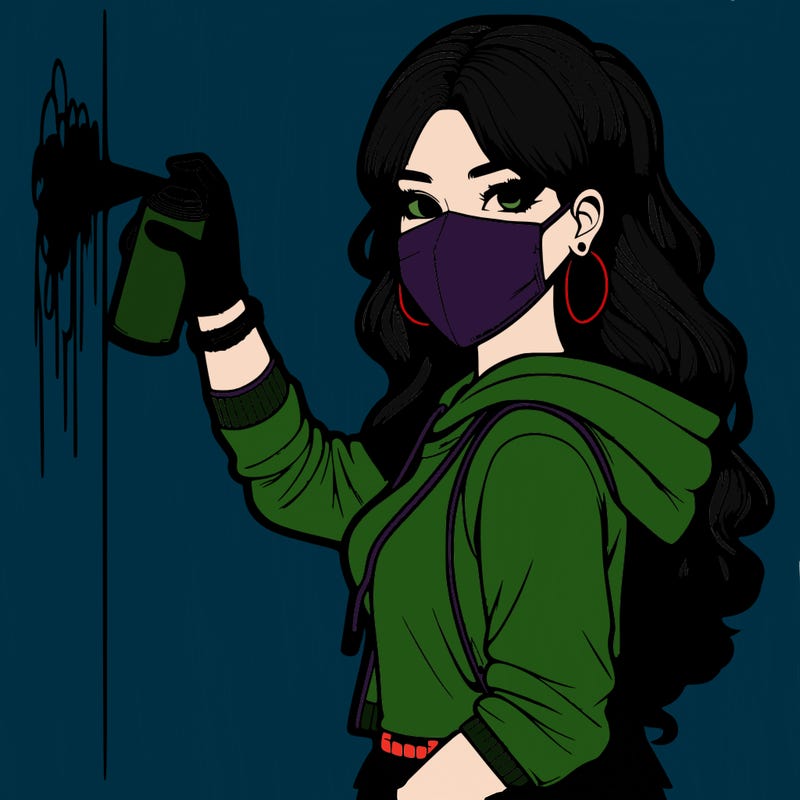 realistic girl with mask spray painting a wall