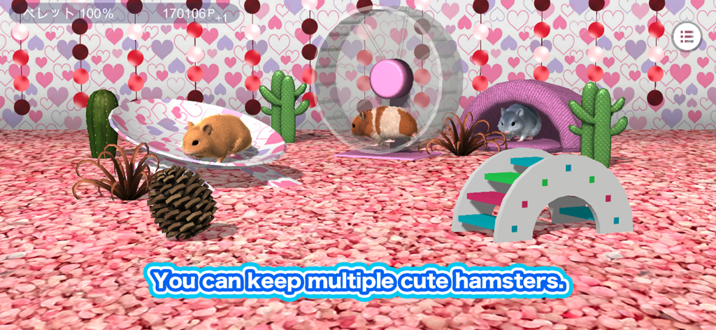 Tres hámsteres diferentes en una habitación personalizada con temática de corazón, con una rueda y varios juguetes