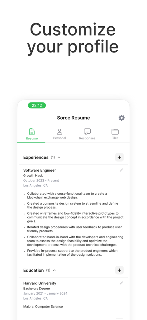 Sorce - AI Job Search - Uma interface de aplicativo móvel intitulada Personalize seu perfil mostrando um currículo digital para um engenheiro de software dentro do aplicativo Sorce AI Job Search.