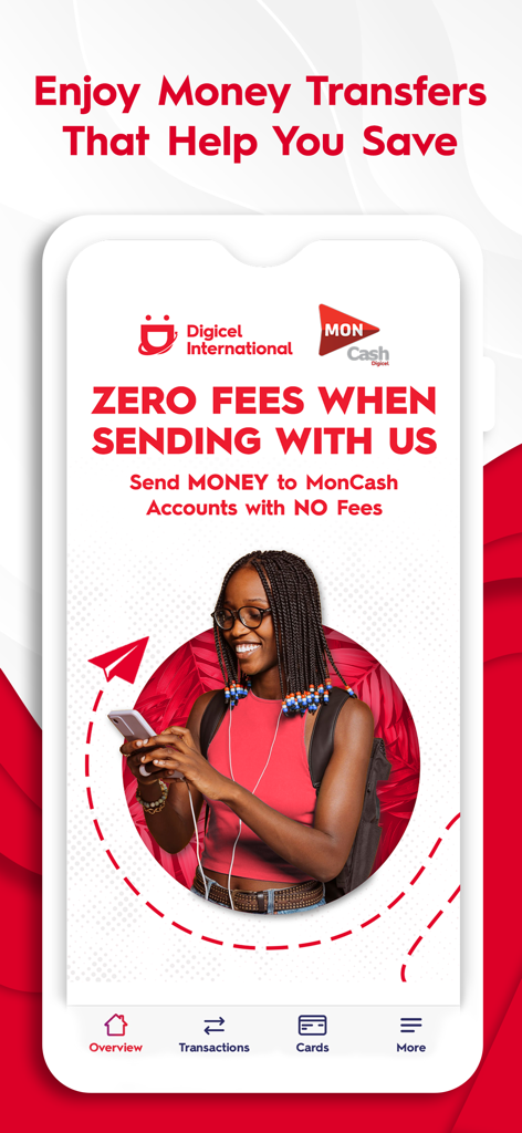 Digicel International - Digicel International app screen promoting zero fees for money transfers to MonCash accounts