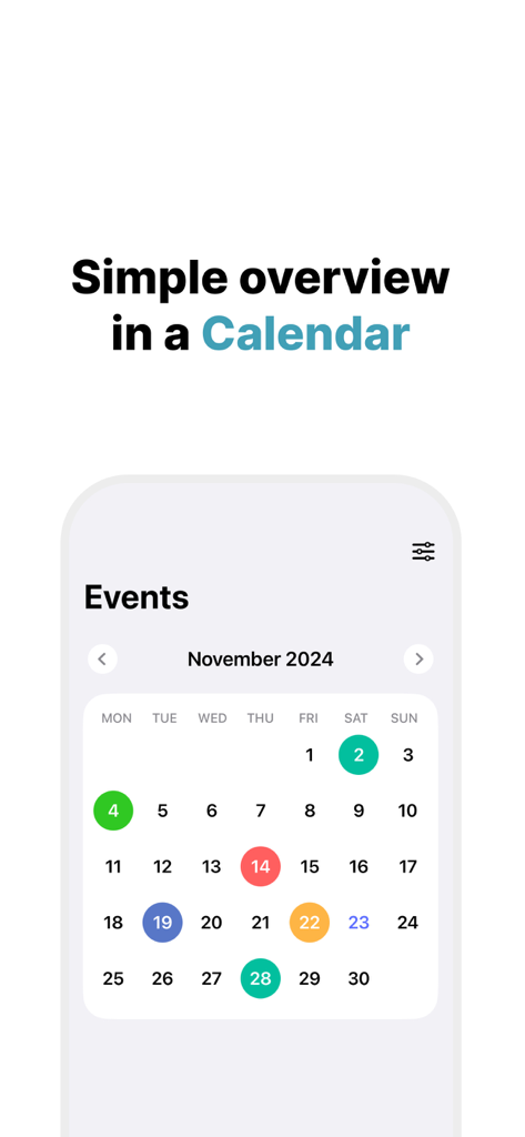 Countdown Widget - Track days - A simple calendar overview showing color-coded circles on specific dates for tracked events.