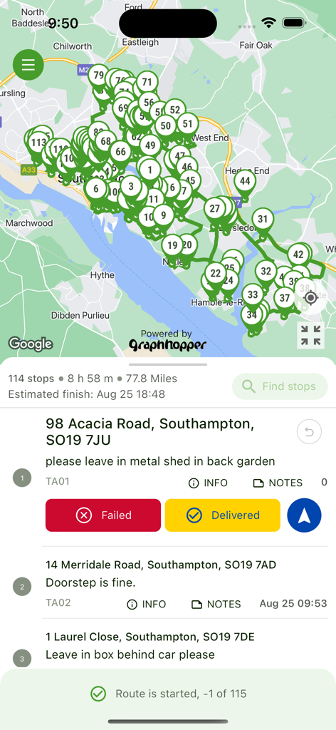 A map showing an optimized delivery route with numbered stops and specific delivery instructions for a courier