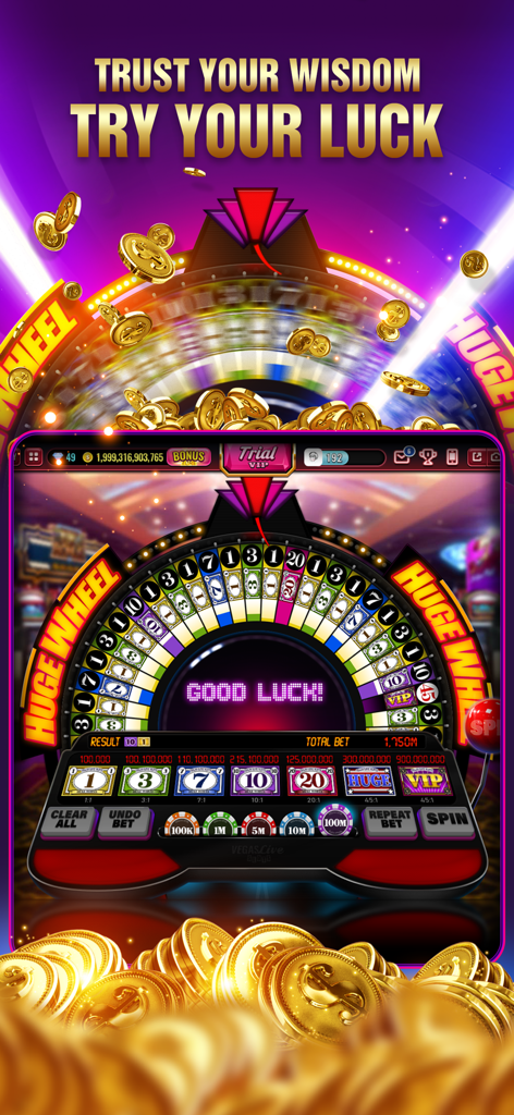 Vegas Live Slots Casino - Pantalla del juego de la rueda gigante con monedas de oro y opciones de apuestas en Vegas Live Slots Casino