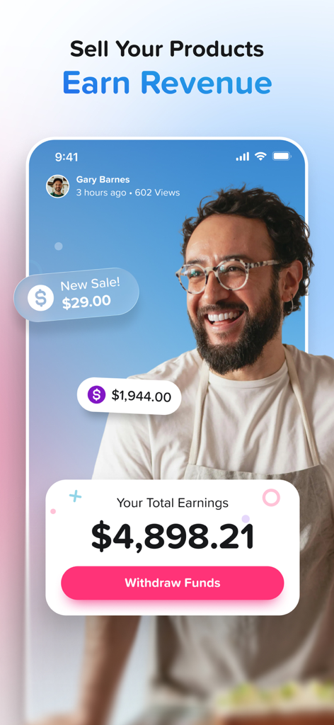 Ein Creator-Dashboard in der KwaKwa-App, das die Gesamteinnahmen und den Umsatz mit einem Auszahlungs-Button zeigt