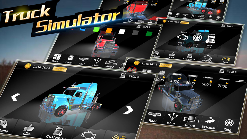 卡车模拟-汽车模拟驾驶游戏 - Truck simulator game screenshots showing vehicle customization and upgrade menus.