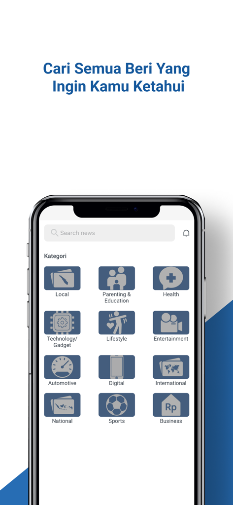 Harian Analisa news app search interface displaying diverse news categories like local, business, and sports