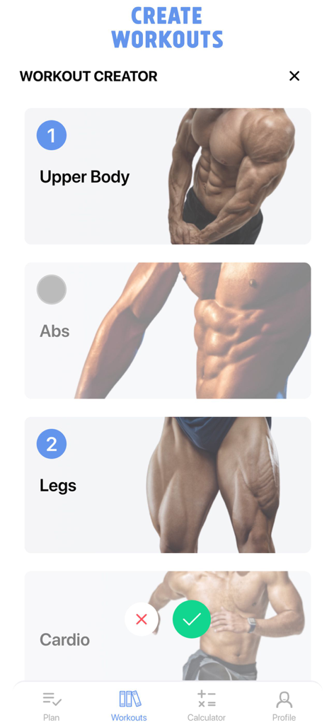 Home Workout: Fitness No Tools - Écran de l'application LifeBuddy montrant le créateur d'entraînement avec des catégories de groupes musculaires