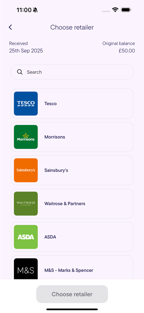 Mobile app screen showing a list of major supermarket retailers like Tesco and ASDA for voucher redemption.