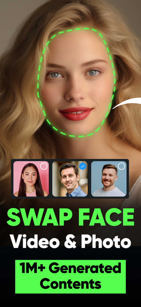 uSwap: AI Face Swap & Lipsync - Interface of uSwap app showing the AI face swap feature for videos and photos with portrait selection