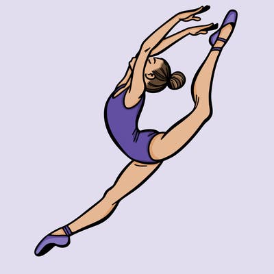 gymnast doing a leap in a leotard with a bent back leg