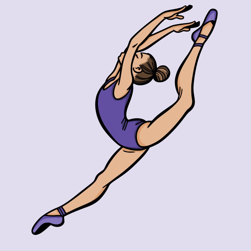 gymnast doing a leap in a leotard with a bent back leg
