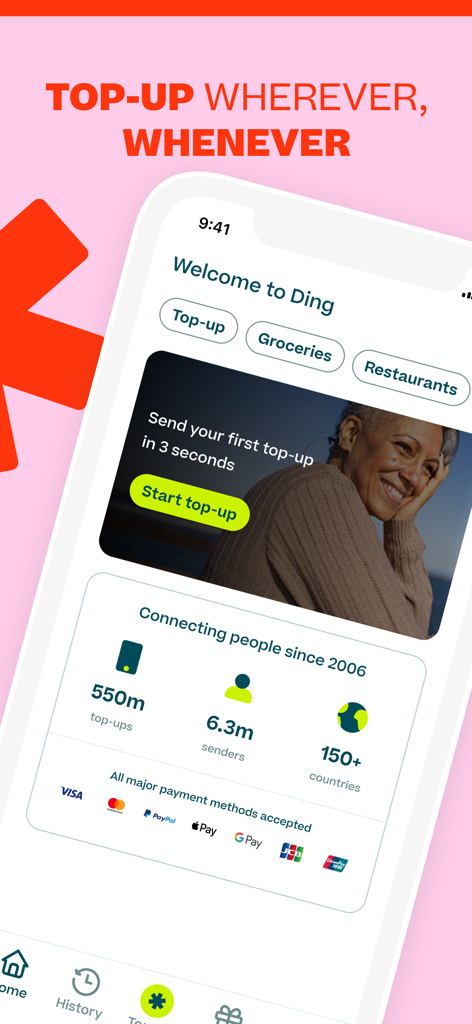 Ding Top-up: Mobile Recharge - Startbildschirm der Ding-App zum Versenden internationaler mobiler Aufladungen mit Zahlungsmethoden und globalen Statistiken