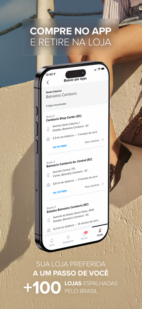 Studio Z Calçados e Acessórios - Studio Z app screen showing nearby store locations for in-store pickup.