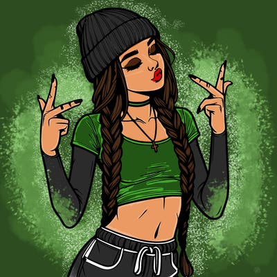 realistic teenage girl with braids and a beanie and crop top doing 🫶🏼