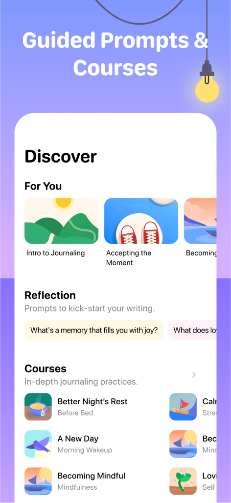 La pantalla Descubrir de la aplicación Halo que muestra reflexiones guiadas y cursos de bienestar.