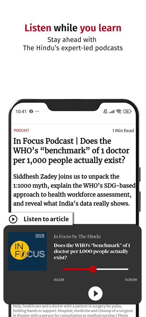 The Hindu news app interface showcasing its podcast feature with the In Focus series