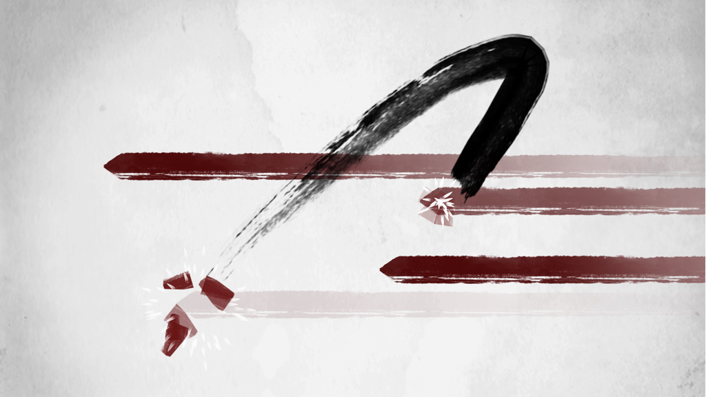 The Swords - Pennellate minimaliste ad acquerello che rappresentano movimenti di spada nel gioco d'azione The Swords.