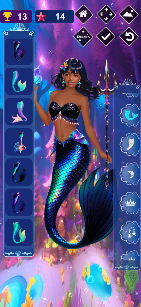 Mermaid Dress Up Game - A mermaid character with a shimmering blue tail and gold trident in an underwater dress-up game