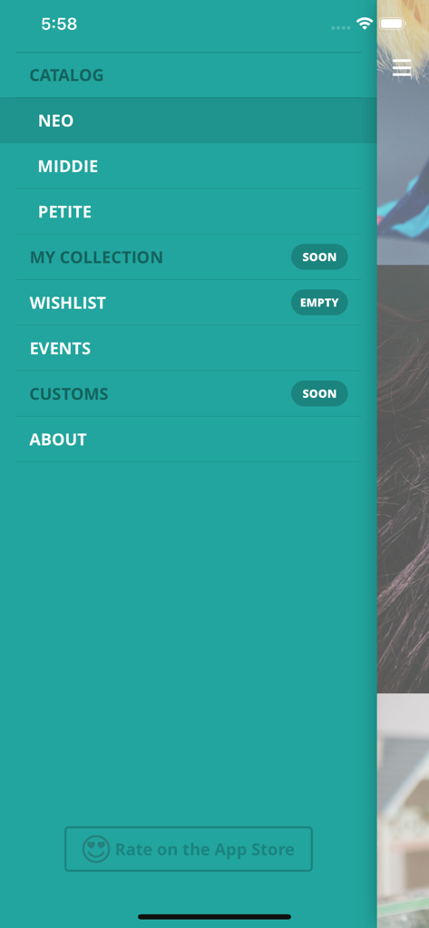 My Doll Collection for Blythe - Menu de navegação lateral do aplicativo My Doll Collection for Blythe mostrando opções para catálogos de bonecas Neo, Middie e Petite, juntamente com uma lista de desejos e seção de eventos.