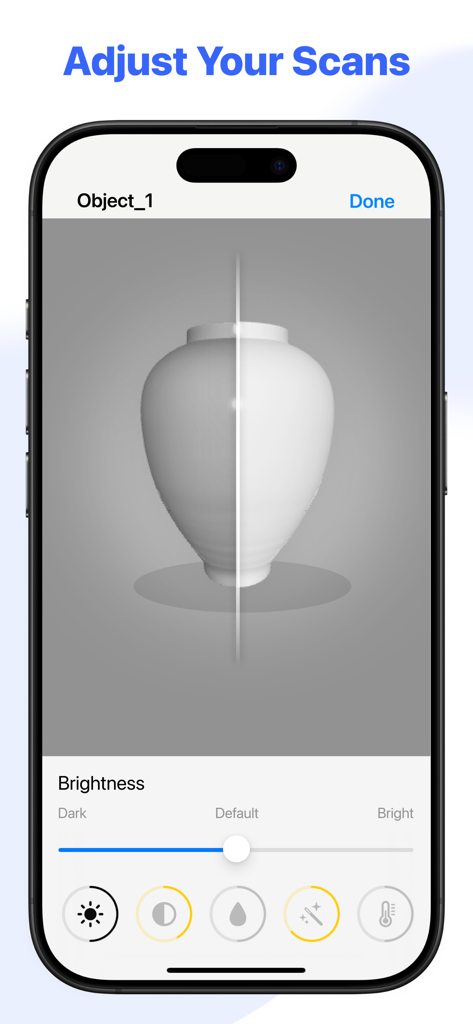 3D LiDAR Scanner - Interface do aplicativo Scanner LiDAR 3D mostrando o ajuste de brilho para um modelo de vaso escaneado