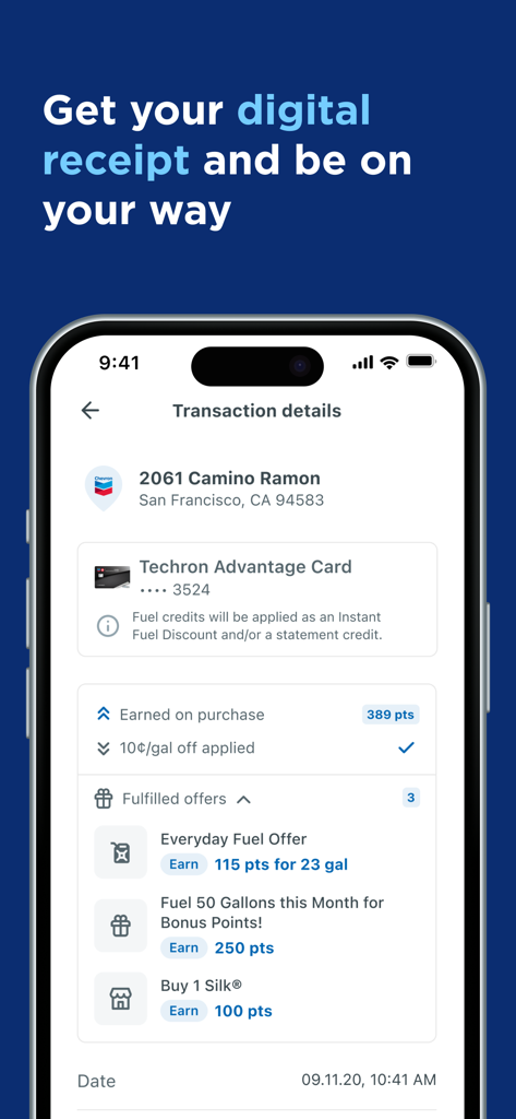 Chevron - Chevron app screen displaying digital receipt with transaction details rewards earned and fuel discounts