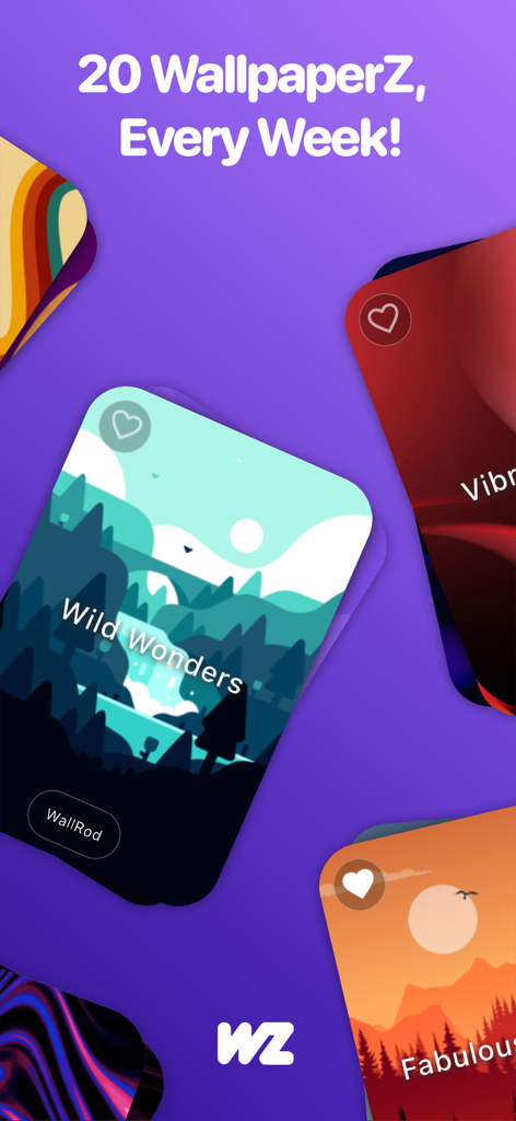 A preview of the WallpaperZ app interface highlighting twenty new 8K wallpapers added every week
