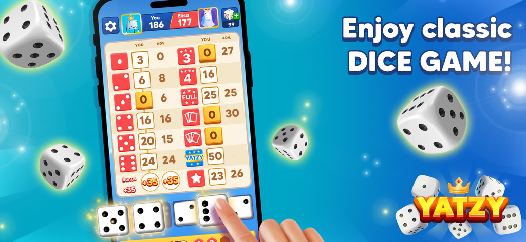 A smartphone screen displaying the Yatzy Royal dice game interface with a classic scorecard and rolling dice