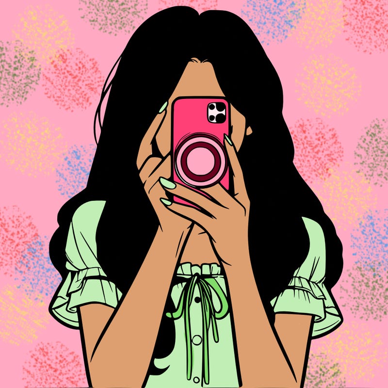 a realistic girl holding her phone taking pictures
