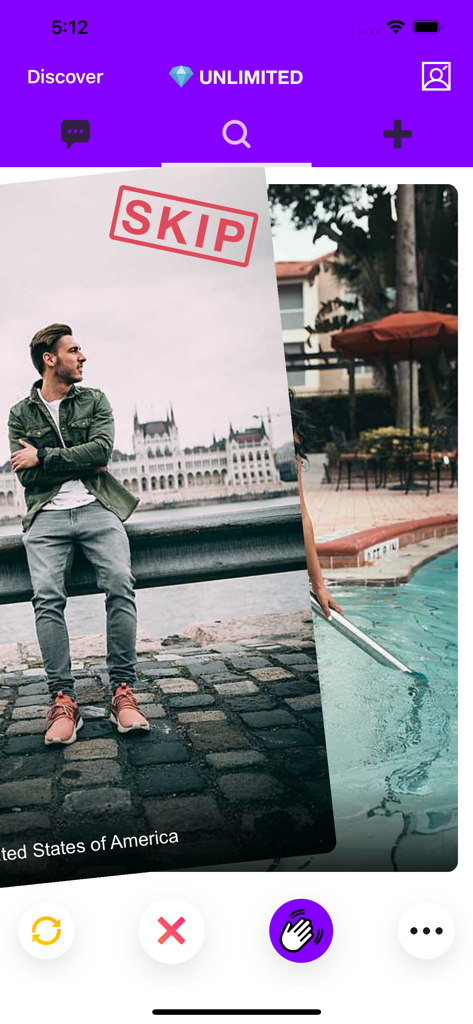 Discovery interface of the Wave app showing a user profile card being swiped left with a red skip stamp.