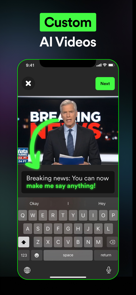Interface of the Piñata Farms app showing an AI-generated news anchor video with custom text input for meme creation.