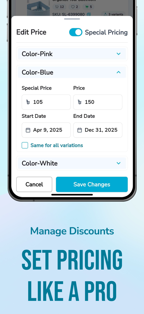 Cartup Seller Center - Interface for editing product prices and setting special discounts in the Cartup Seller Center app.