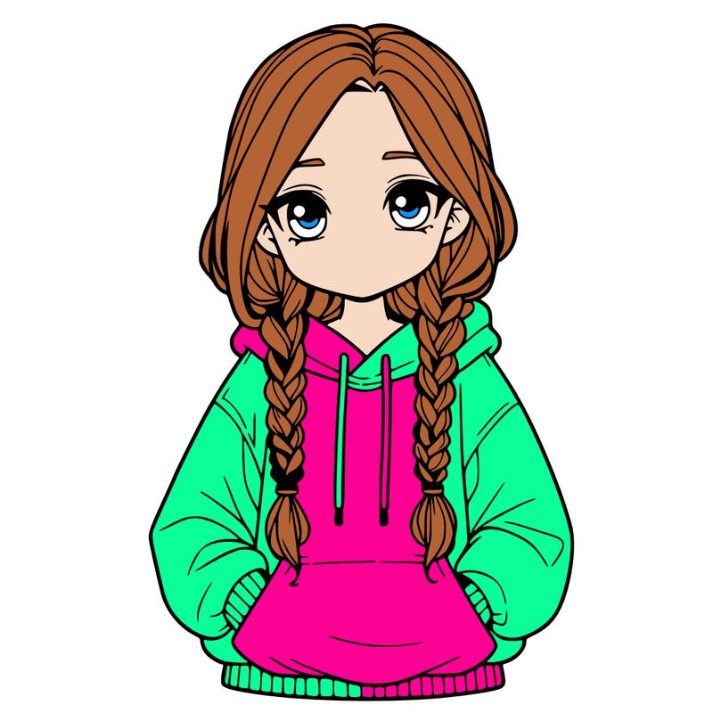 a realistic girl with a oversized hoodie and she has braids