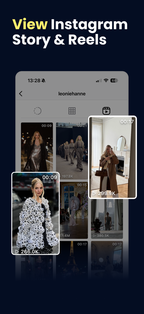 InMarker - Save Reel & Video - Interface of InMarker app showing a grid of Instagram reels and stories ready to be viewed and saved