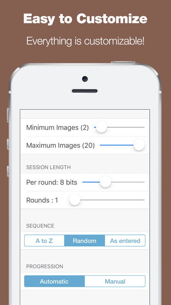 Settings screen in Peekaboo Sounds app for adjusting image count and game difficulty