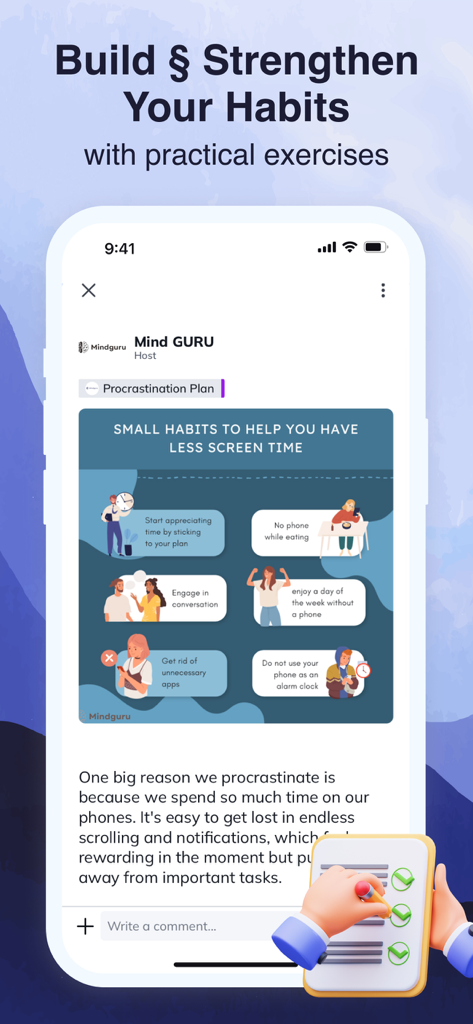Mindguru Life - Pantalla de la aplicación Mindguru que muestra un plan de procrastinación con consejos para reducir el tiempo de pantalla y una lista de verificación de hábitos.
